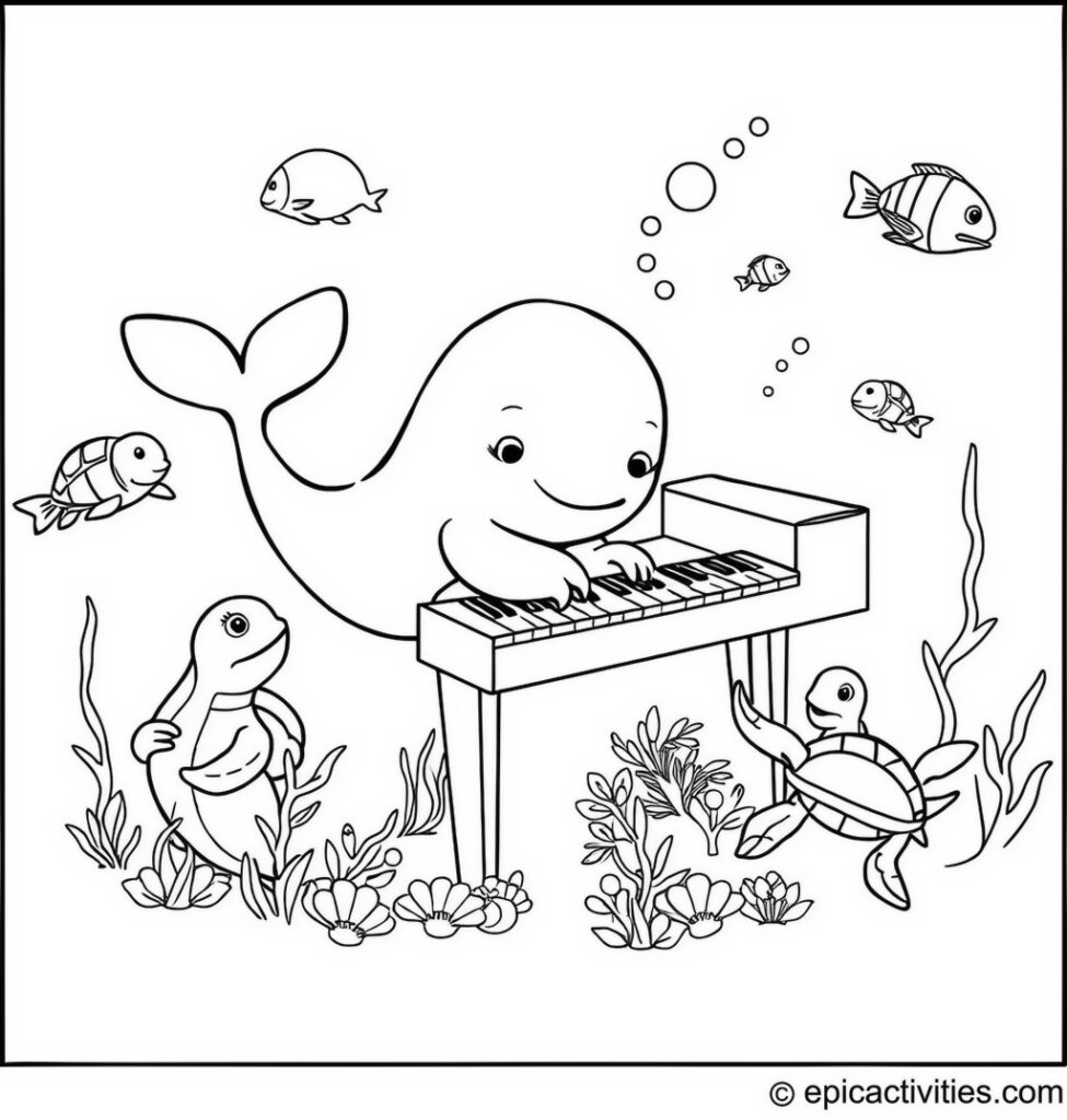 Coloring page of a Cute Whale Playing an Underwater Piano with Singing Turtles and Fishes