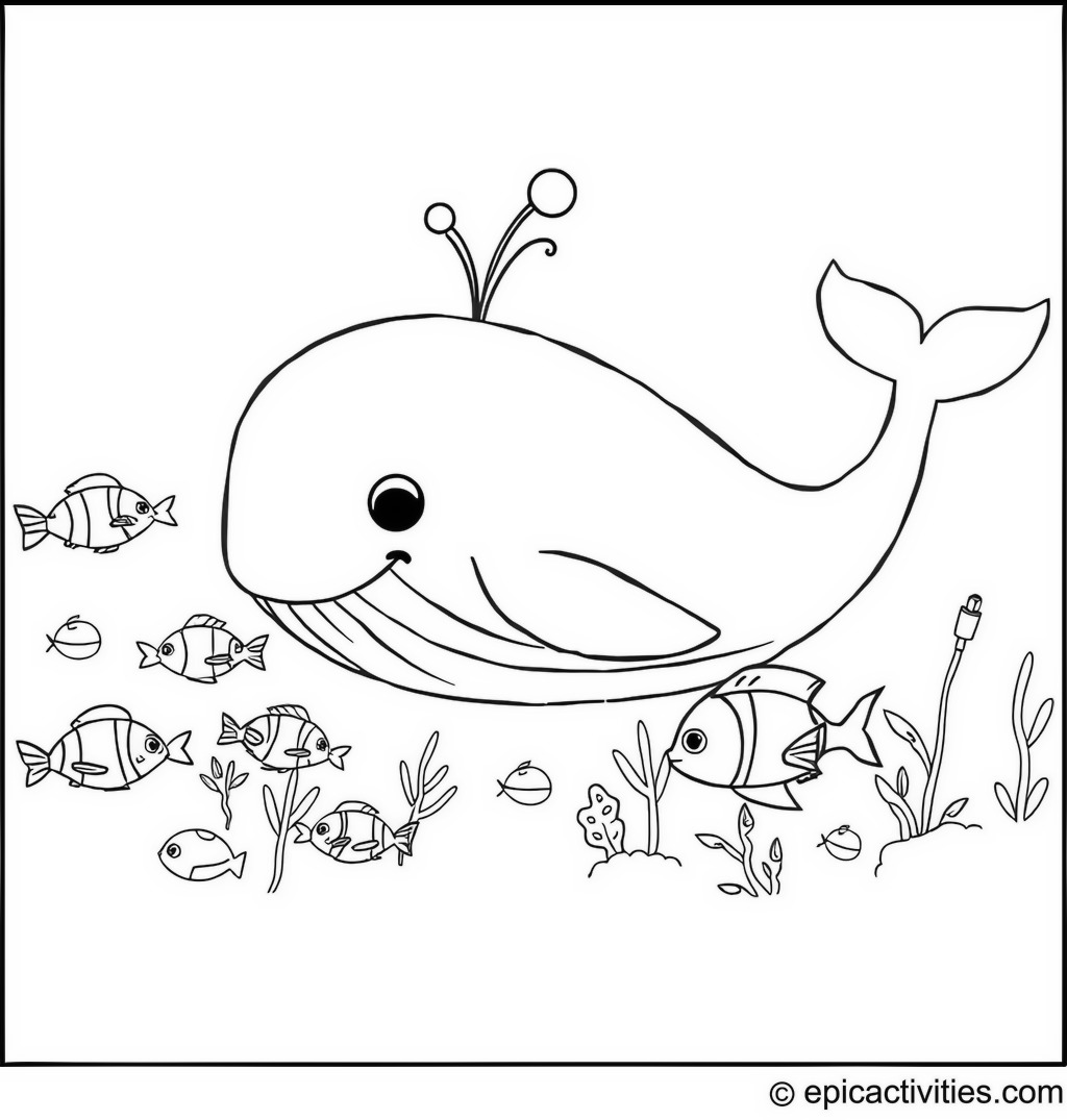 Coloring page of a cute whale playing hide and seek with colorful fish