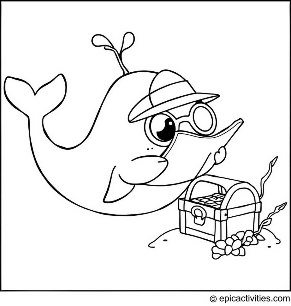 Coloring page of a cute whale playing treasure hunt finder with a metallic gold map