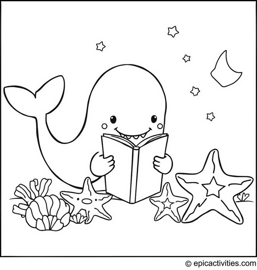 Coloring page of a cute whale reading a bedtime story to a group of starfish