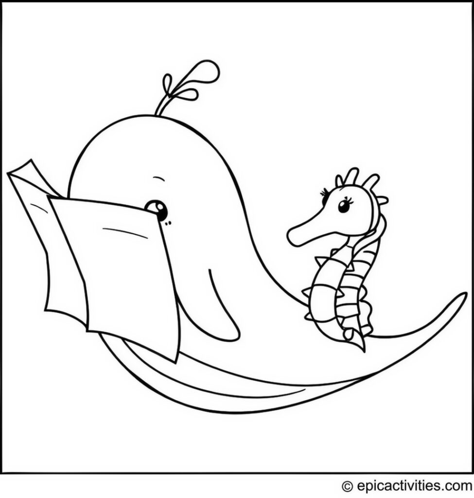 Coloring page of a cute whale reading an underwater newspaper on a giant seahorse