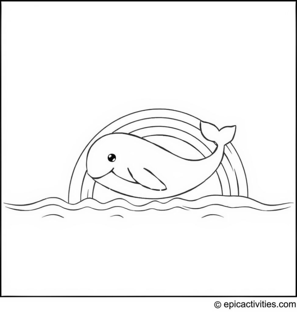 Coloring page of a cute whale sliding down a rainbow into the ocean
