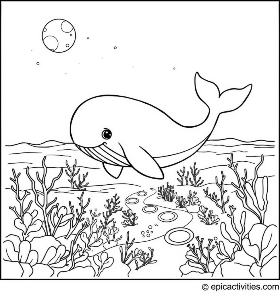 Coloring page of a Cute Whale Walking Under Moonlight on the Ocean Floor