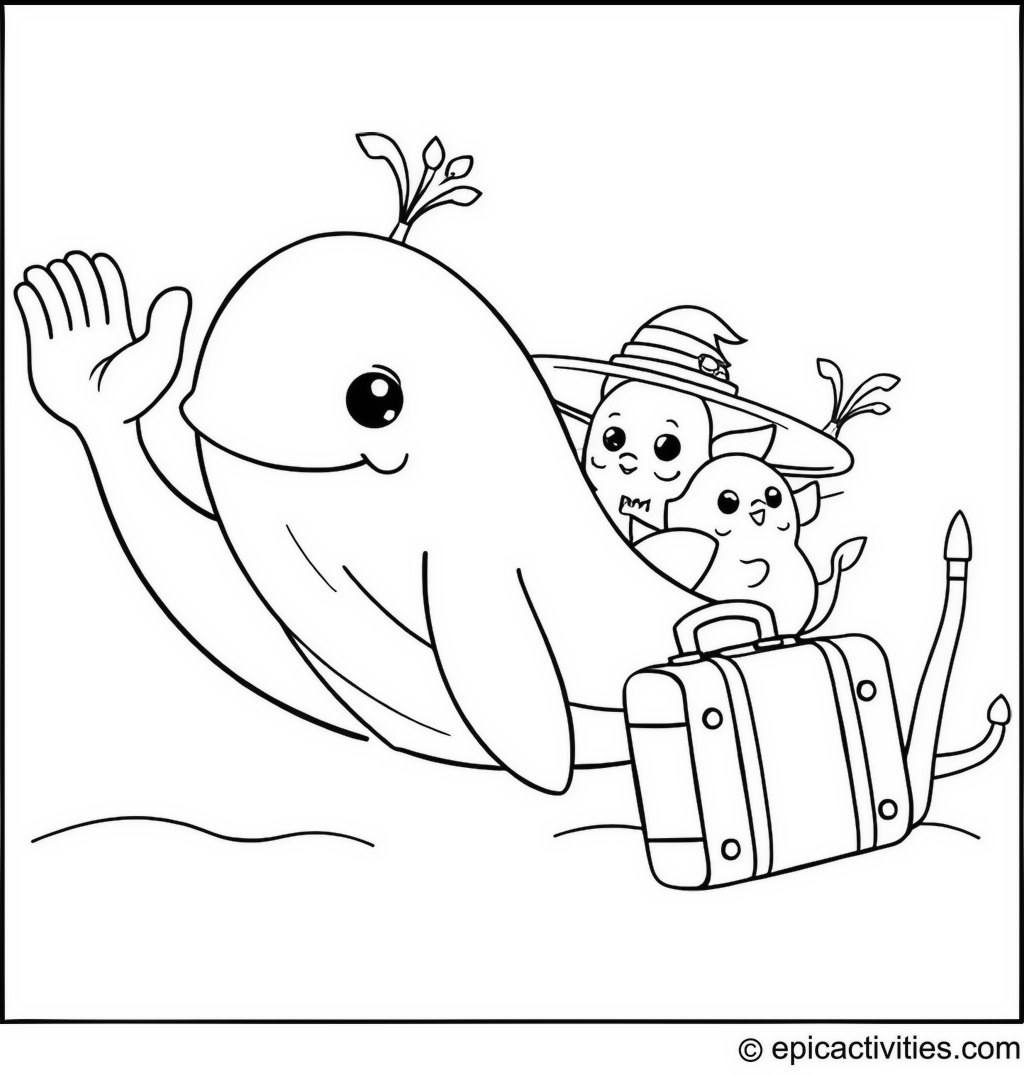 Coloring page of a Cute Whale with a Suitcase on Vacation