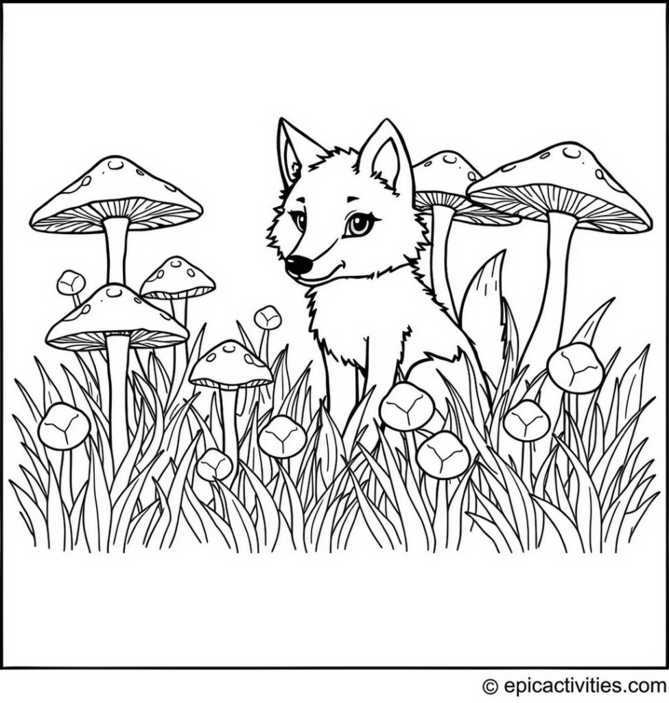Coloring page of a Cute Wolf Among Giant Mushrooms