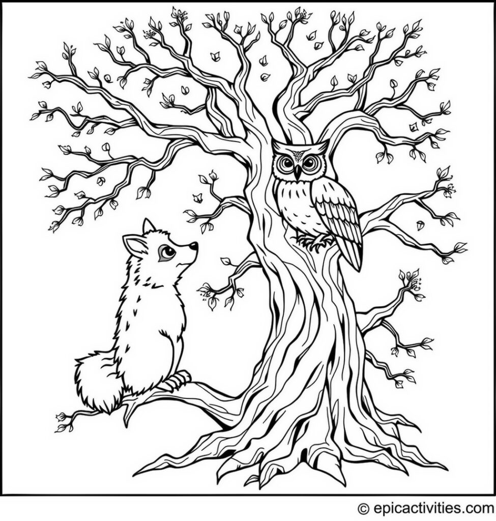 Coloring page of a Cute Wolf and Wise Owl on an Ancient Tree
