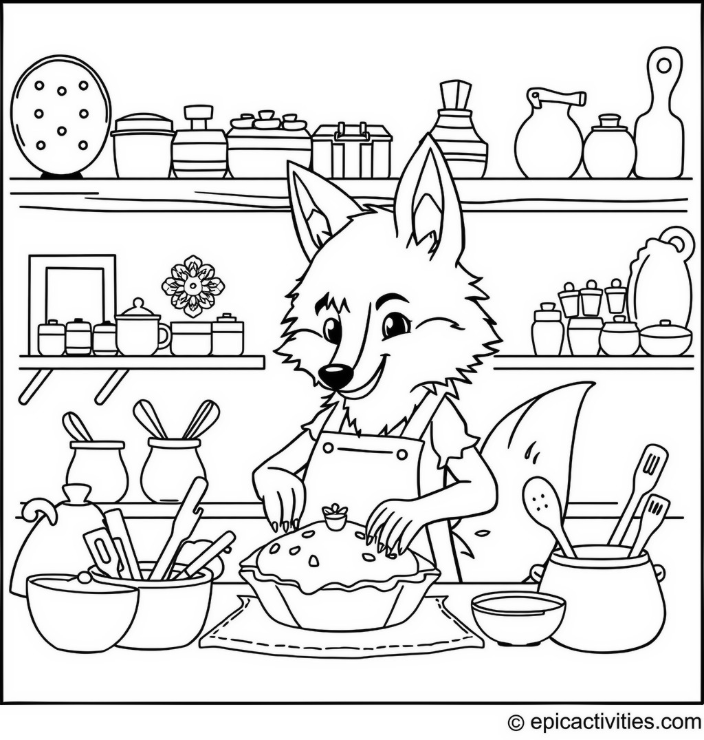 Coloring page of a Cute Wolf Baking a Pie in a Cozy Kitchen