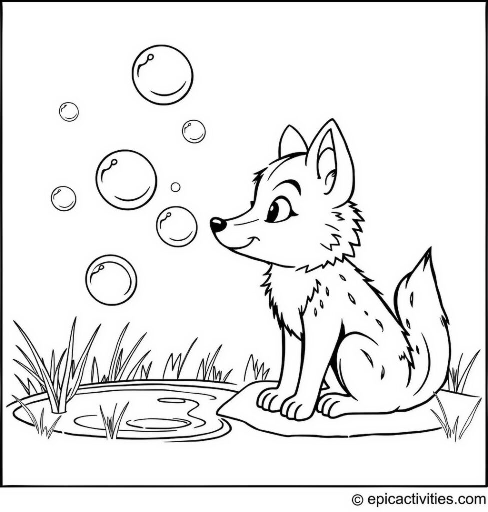 Coloring page of a Cute Wolf Blowing Bubbles by the Pond