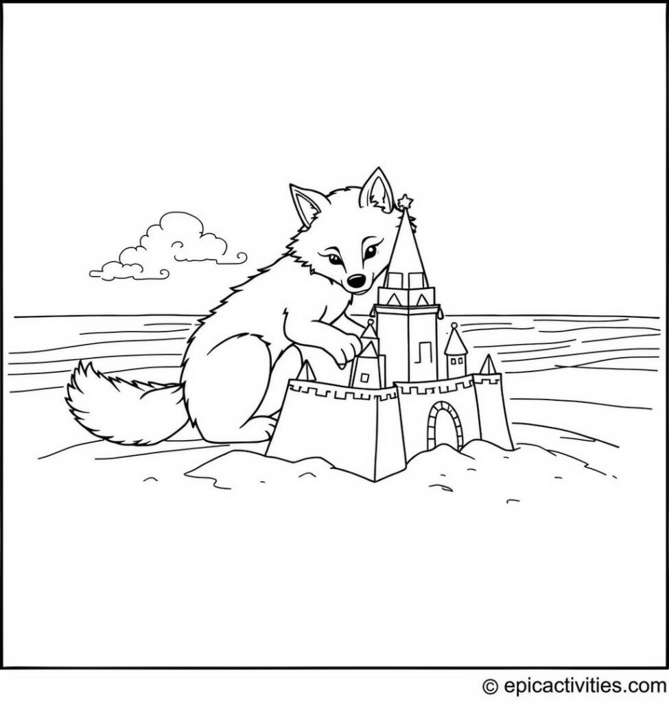 Coloring page of a Cute Wolf Building a Sandcastle on the Beach