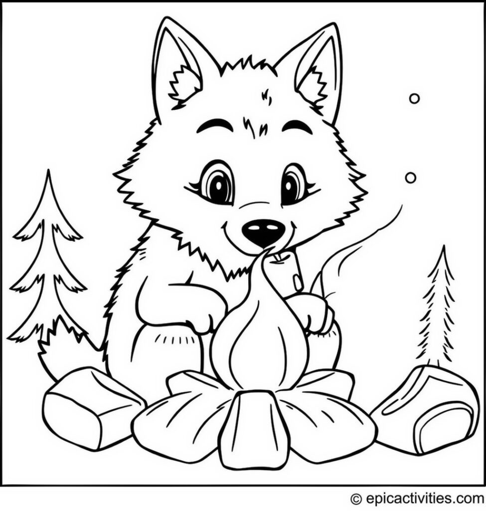 Coloring Page of a Cute Wolf Camping and Roasting Marshmallows