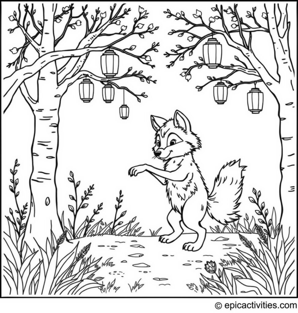 Coloring page of a Cute Wolf Dancing in a Woodland Clearing