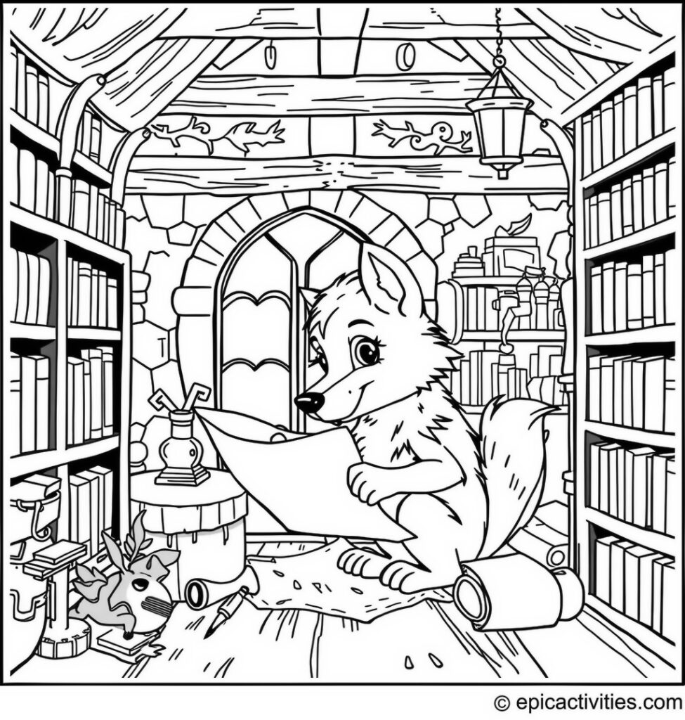 Coloring page of a Cute Wolf Discovering a Treasure Map in a Whimsical Library