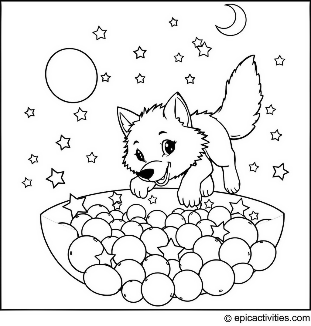 Coloring page of a cute wolf diving into a ball pit filled with colorful stars and moons