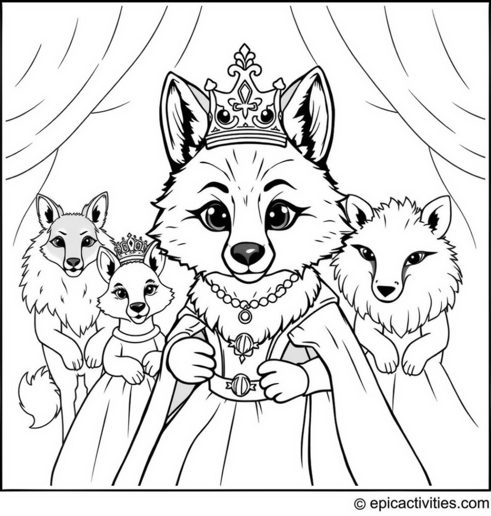 Coloring page of a Cute Wolf Dressed as Royalty at a Magnificent Ball
