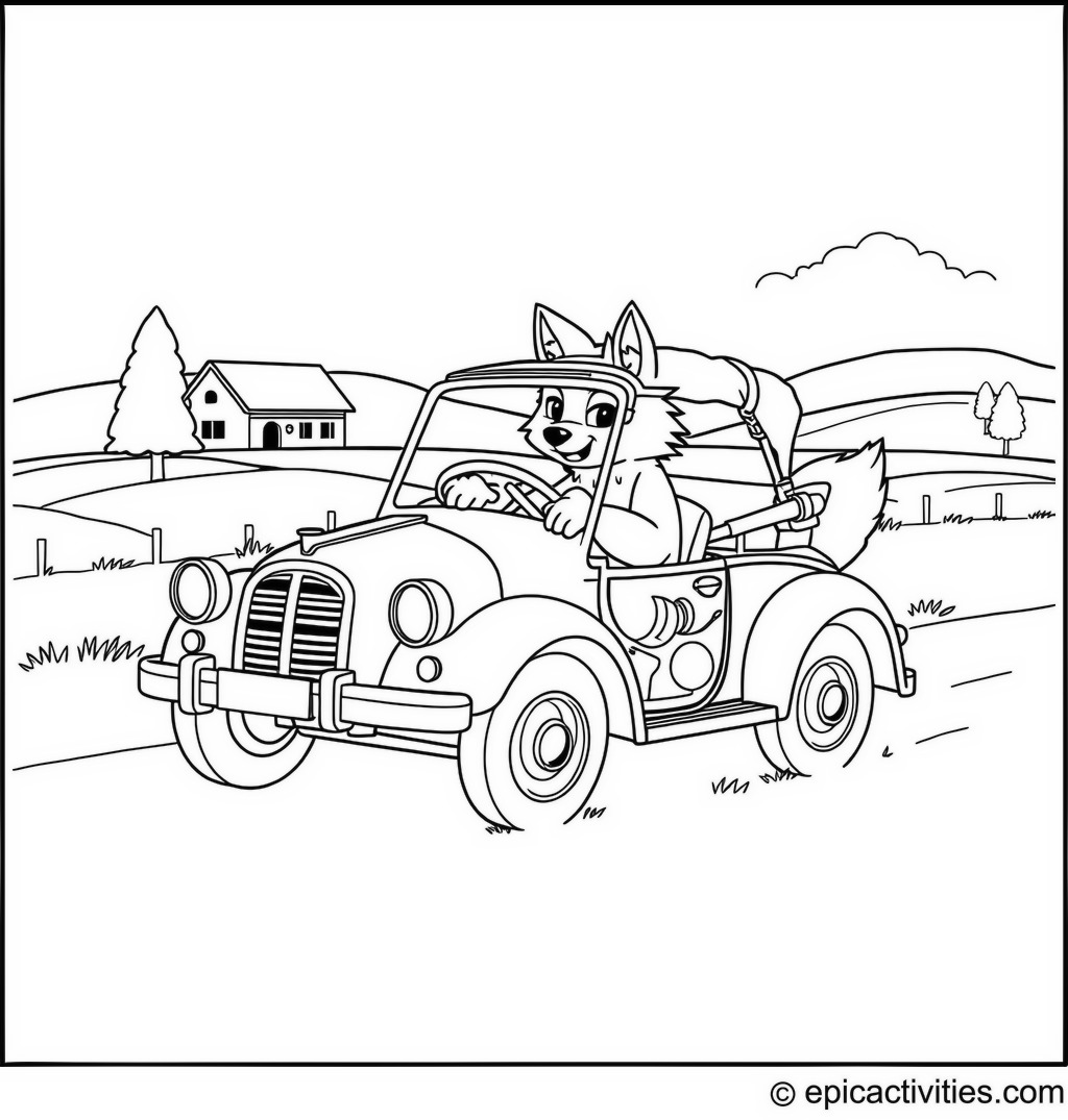 Coloring page of a Cute Wolf Driving an Old-Fashioned Car Through the Countryside