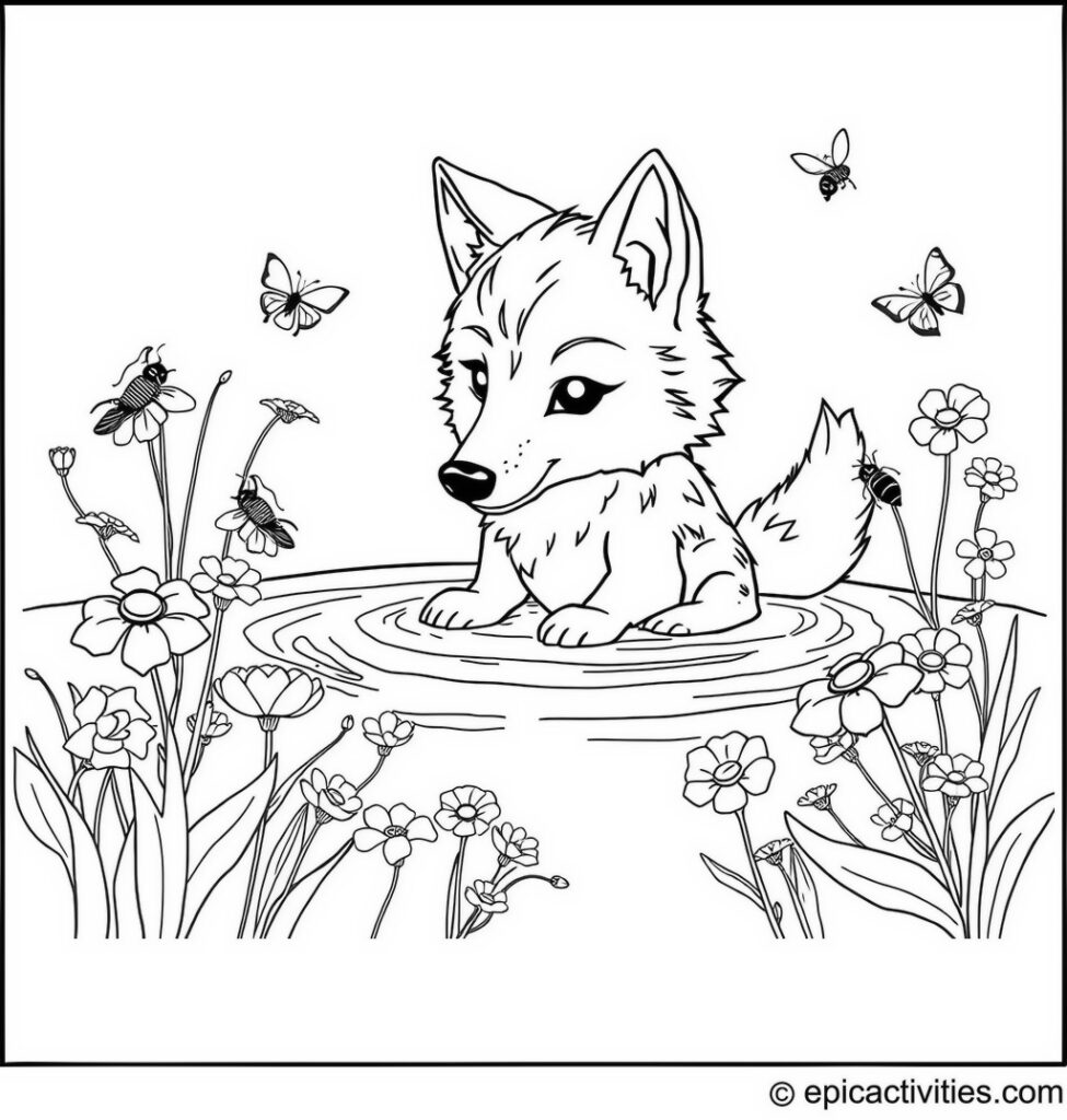 Coloring page of a Cute Wolf Enjoying a Summer Swim