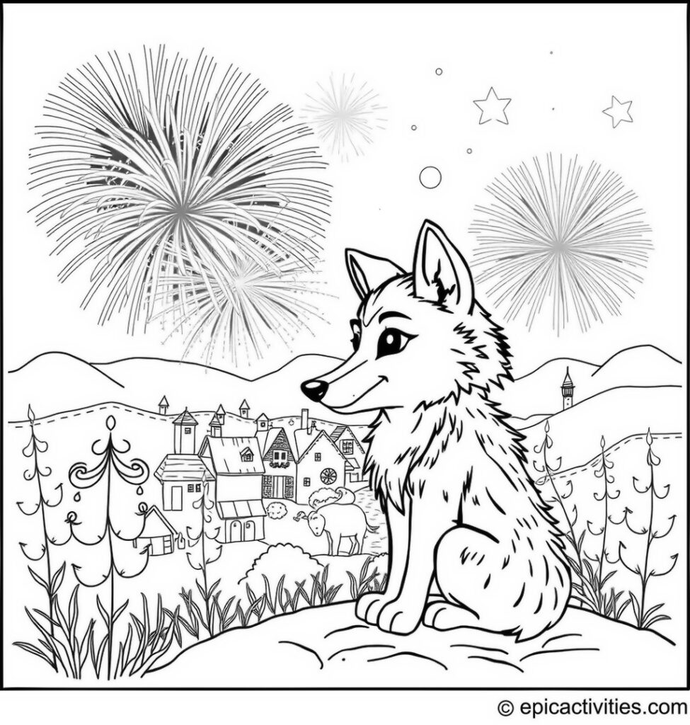 Coloring page of a Cute Wolf Enjoying Fireworks in a Quaint Village