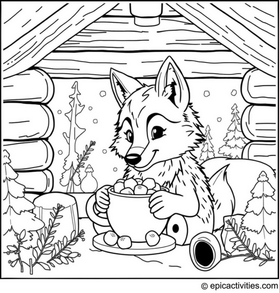 Coloring page of a Cute Wolf Enjoying Hot Cocoa with Marshmallows in a Snowy Log Cabin