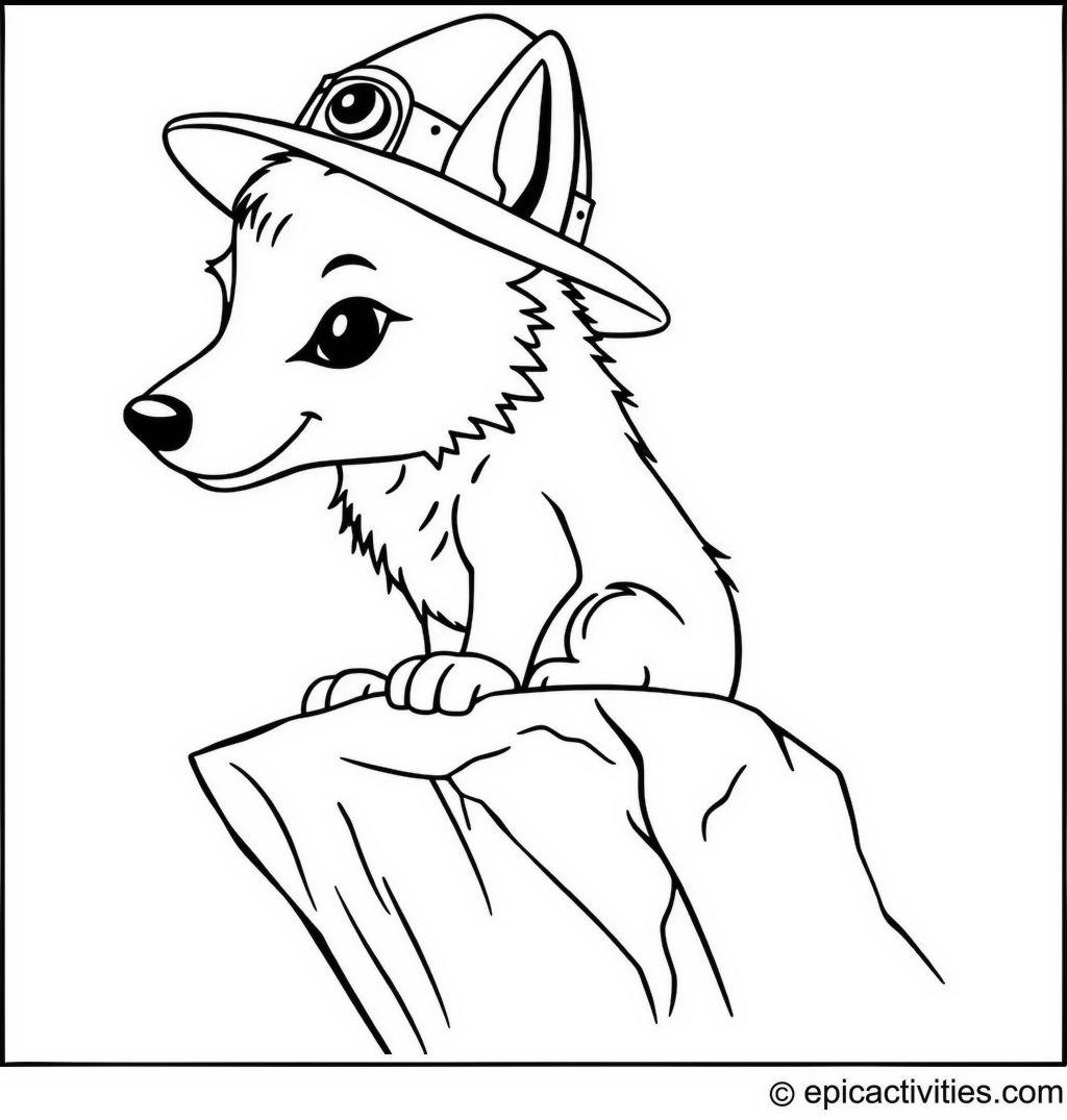 Coloring page of a Cute Wolf Explorer with an Explorer’s Hat