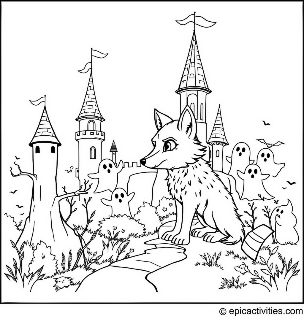 Coloring page of a cute wolf exploring a fantasy castle with friendly ghosts
