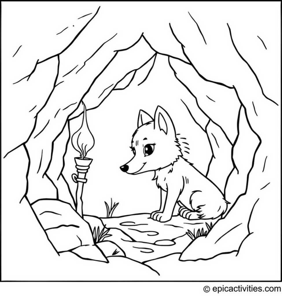 Coloring page of a Cute Wolf Exploring a Mysterious Cave