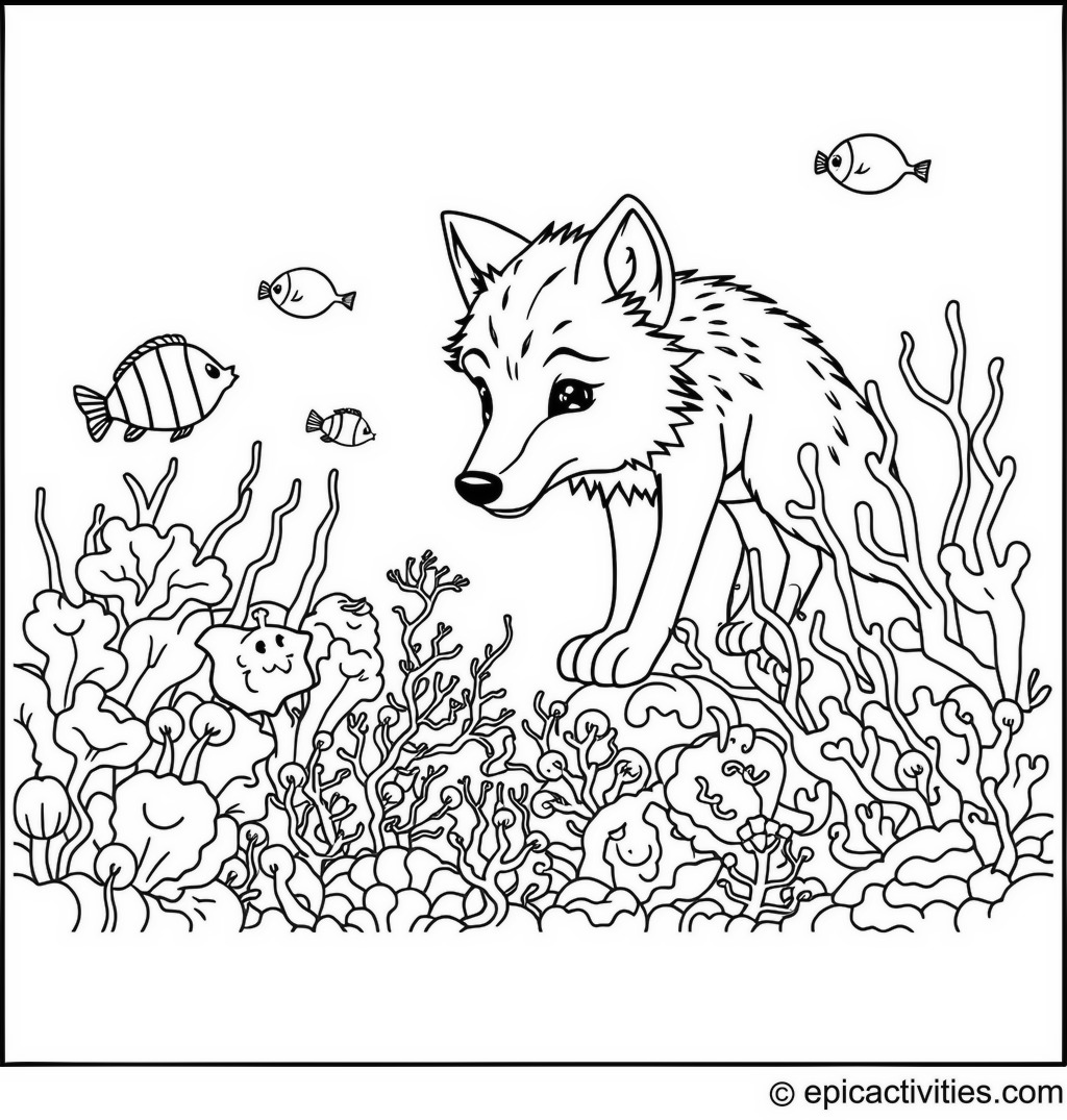 Coloring page of a Cute Wolf Exploring a Vibrant Coral Reef