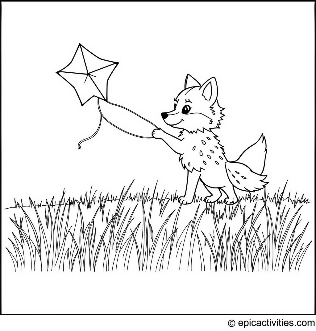 Coloring page of a Cute Wolf Flying a Star Kite in a Field