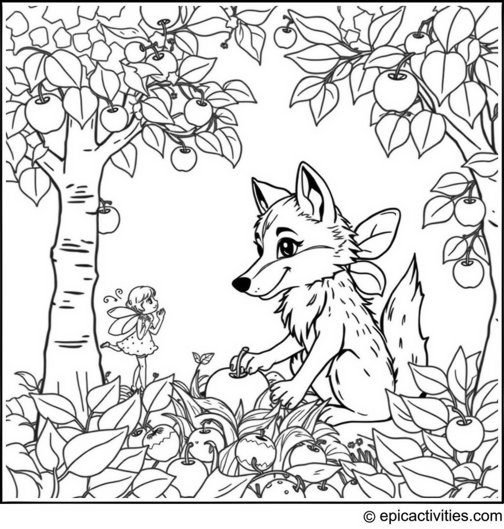 Coloring page of a Cute Wolf Gathering Apples in an Enchanted Orchard with Fairy Helpers