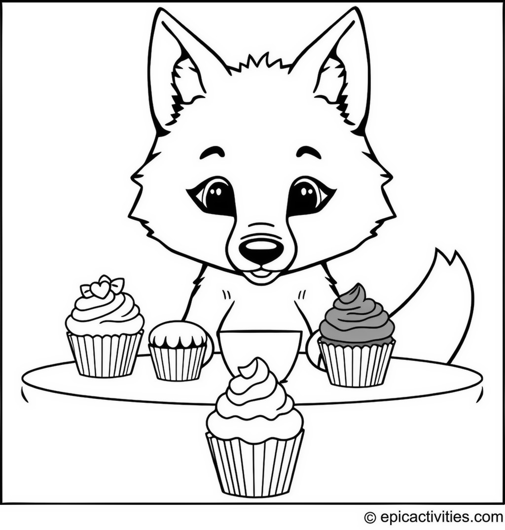 Coloring page of a Cute Wolf Having Cupcakes