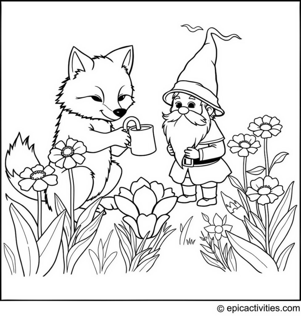 Coloring page of a Cute Wolf Helping a Gnome in an Enchanted Garden