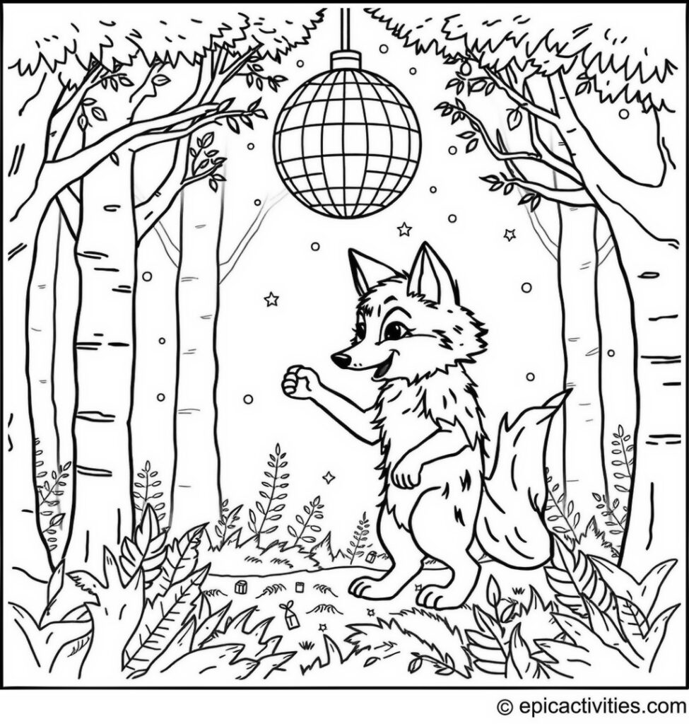 Coloring page of a Cute Wolf Hosting a Dance Party under a Disco Ball in the Forest