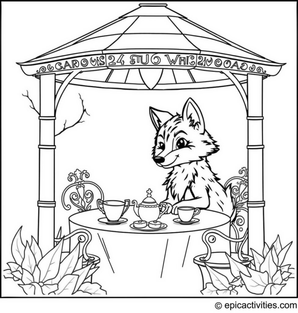 Coloring page of a cute wolf hosting a tea party under a gazebo