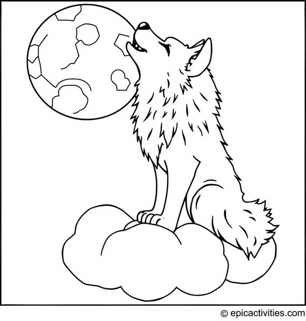 Coloring page of a cute wolf howling at the moon on a fluffy cloud