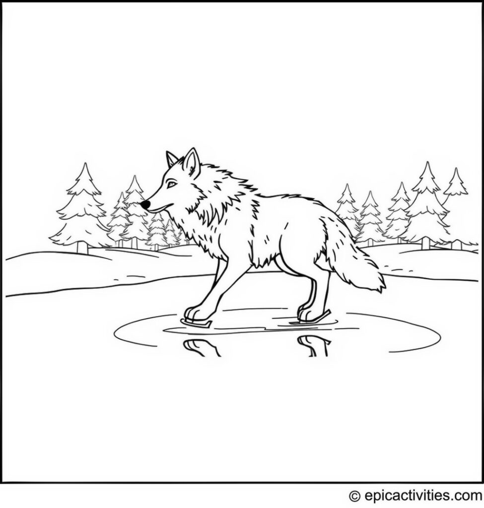 Coloring page of a cute wolf ice skating in a frozen forest pond