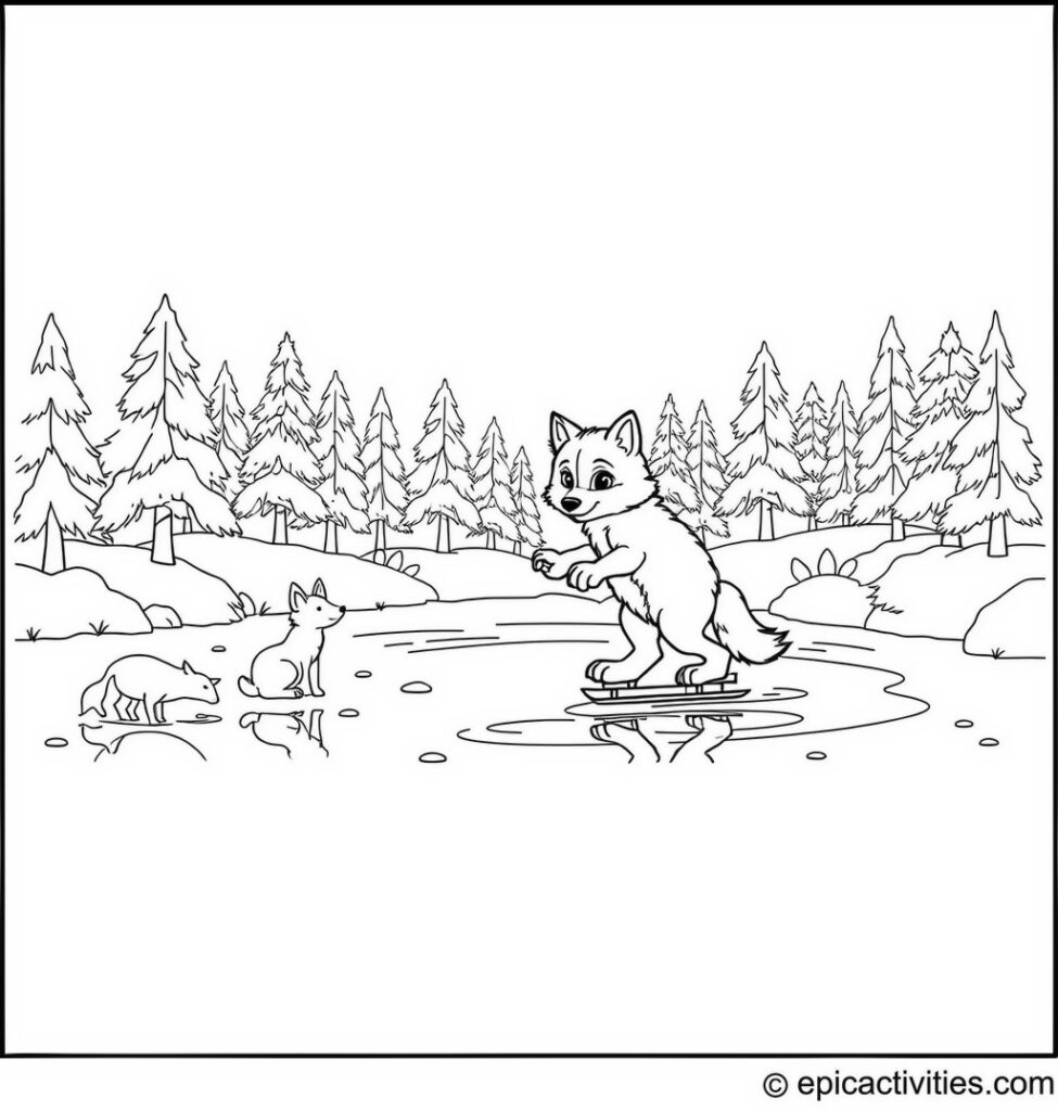 Coloring page of a cute wolf ice skating with forest animals on a frozen pond