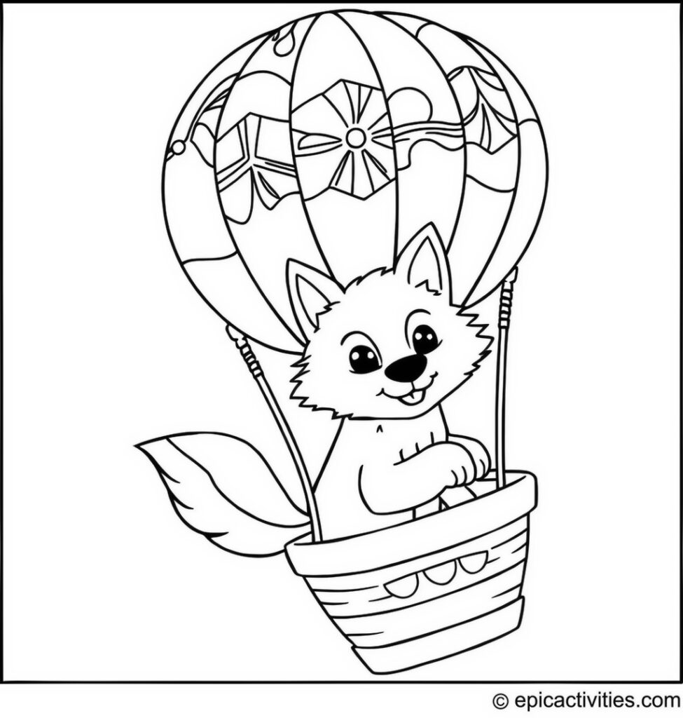 Coloring page of a cute wolf in a hot air balloon with a patchwork design