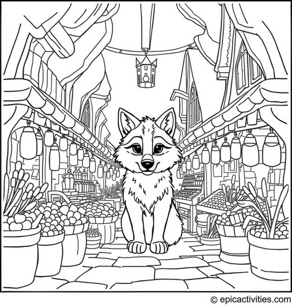 Coloring page of a Cute Wolf in a Medieval Marketplace