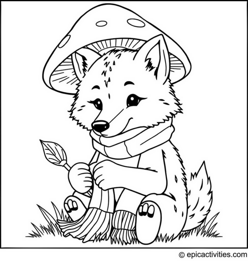 Coloring page of a Cute Wolf Knitting a Rainbow Scarf under a Mushroom Cap