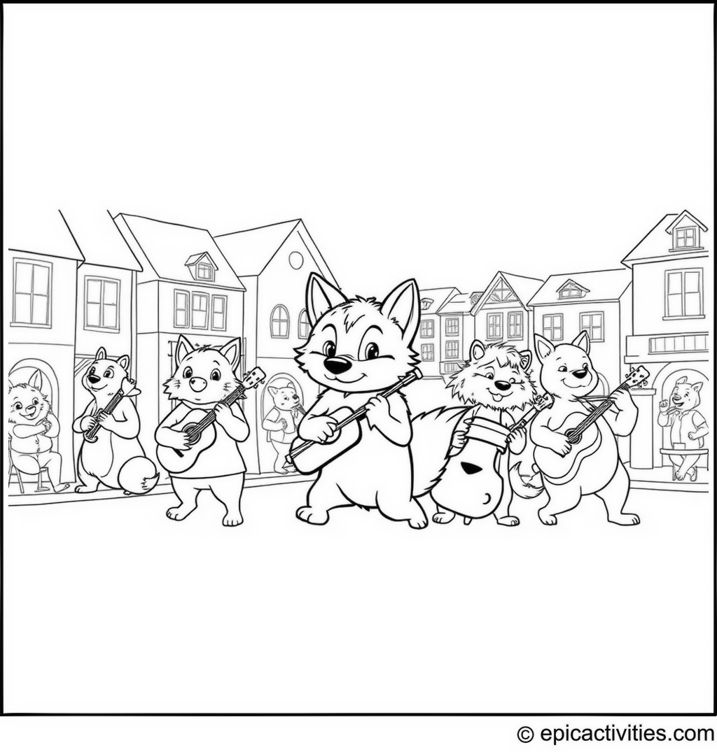 Coloring page of a Cute Wolf Leading a Musical Parade