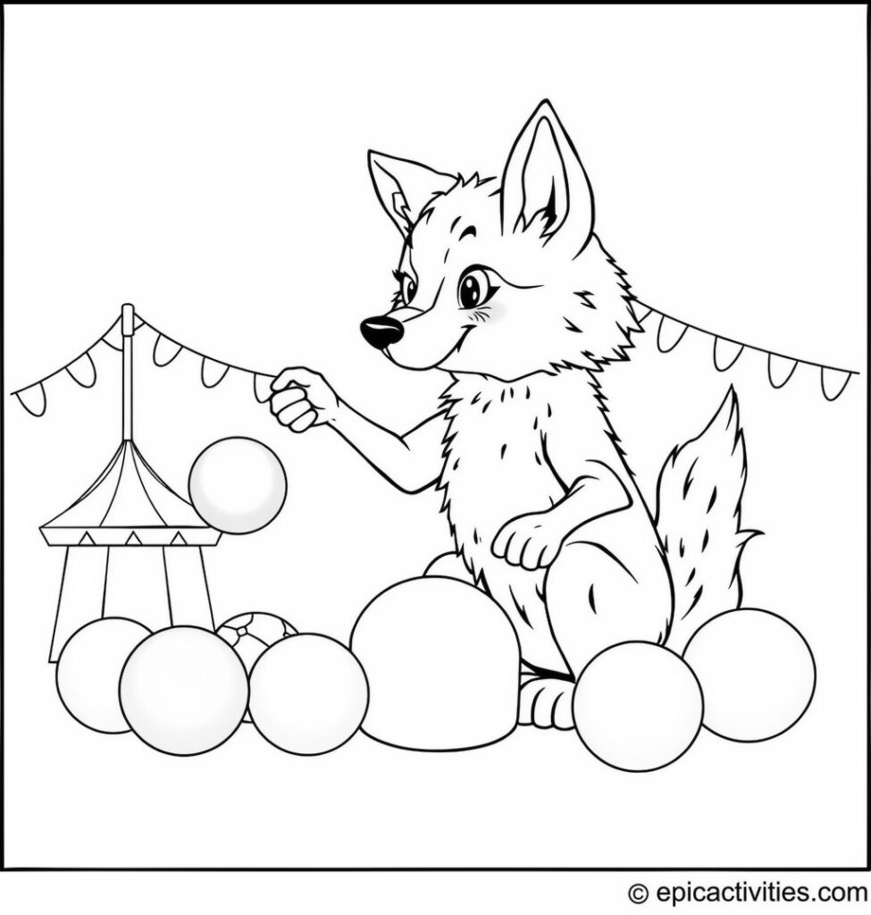 Coloring page of a Cute Wolf Learning to Juggle Colorful Balls at a Carnival