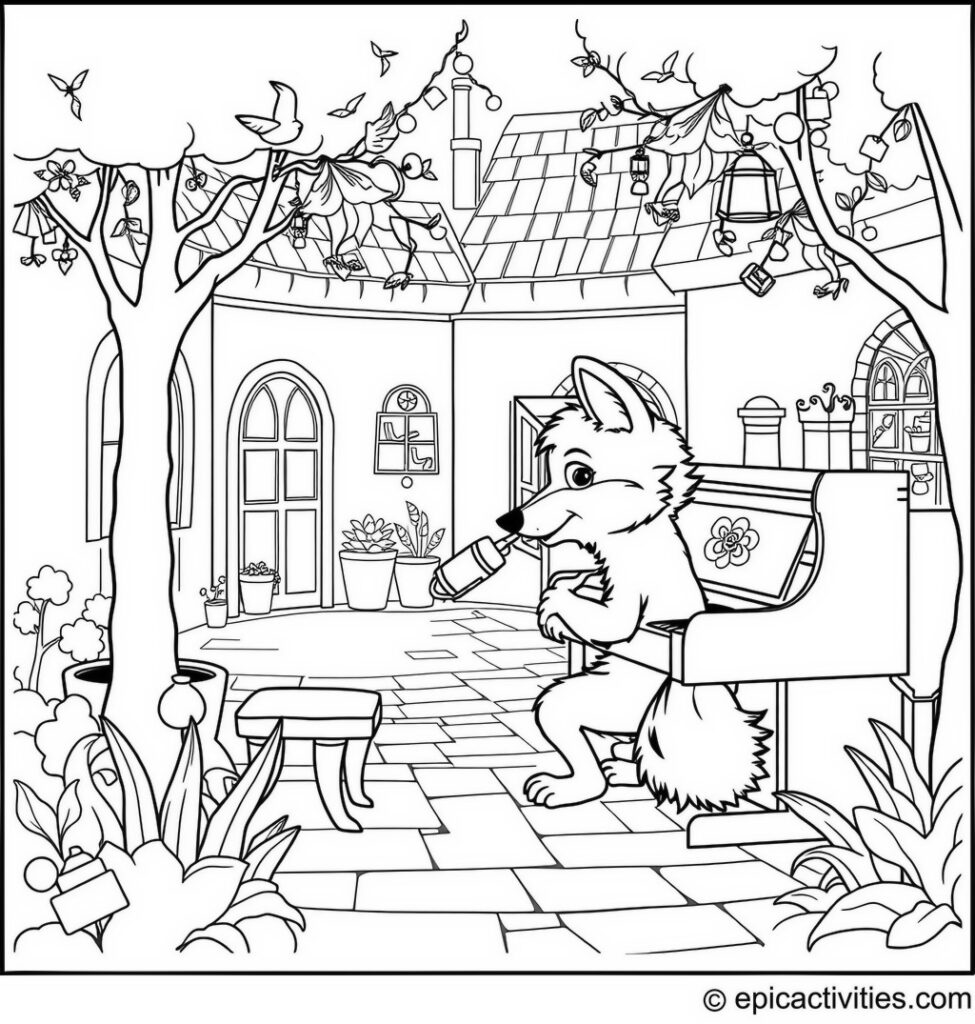 Coloring page of a Cute Wolf Learning to Play the Piano in a Whimsical Courtyard