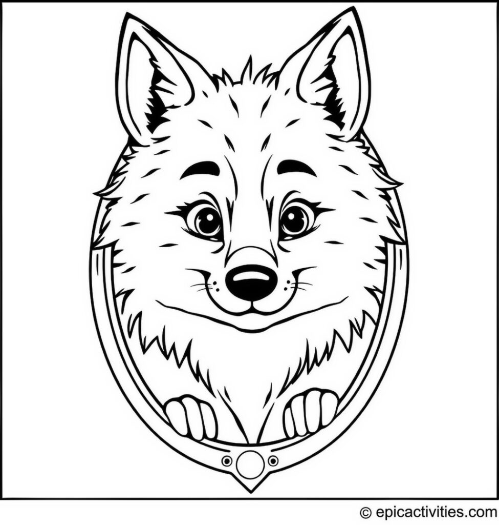 Coloring page of a Cute Wolf Making Funny Faces into a Magic Mirror