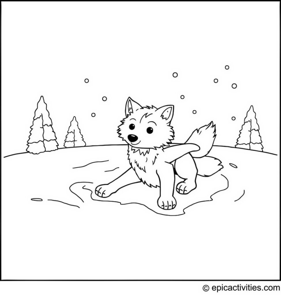 Coloring page of a Cute Wolf Making Snow Angels in a Snowy Wonderland