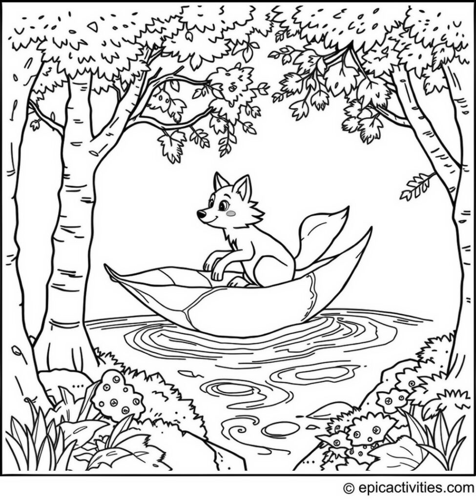 Coloring page of a Cute Wolf on a Big Leaf in a Forest Stream