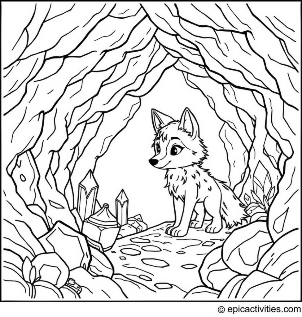 Coloring page of a cute wolf on a journey through mystical caves with glowing crystals and treasure