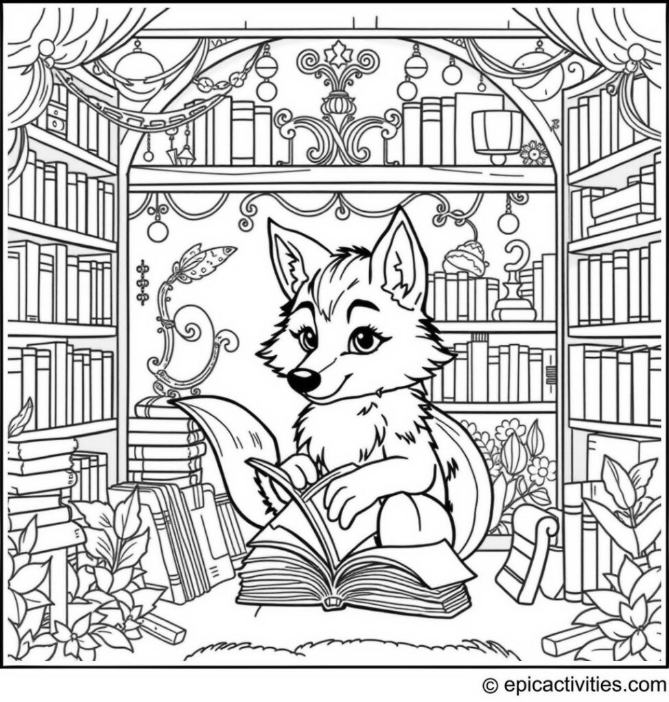 Coloring page of a Cute Wolf Organizing Books in a Fairytale Library