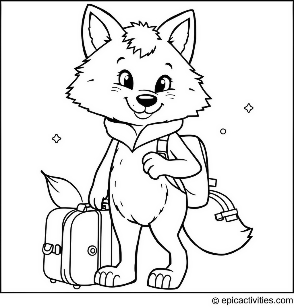 Coloring page of a Cute Wolf Packing a Suitcase for a Magical Adventure