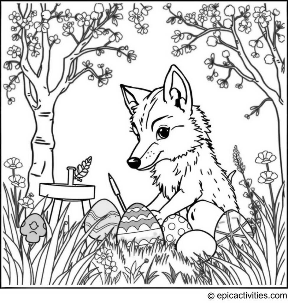 Coloring page of a Cute Wolf Painting Colorful Easter Eggs in a Garden