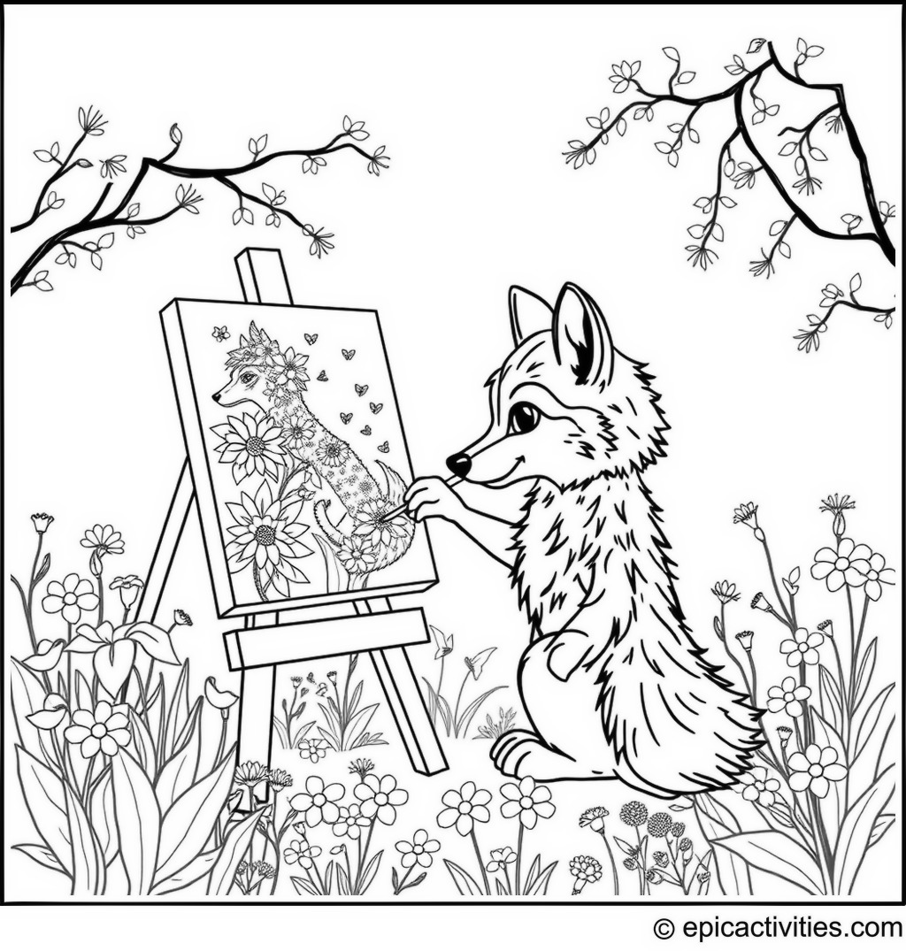 Coloring page of a Cute Wolf Painting in a Flower-Filled Garden
