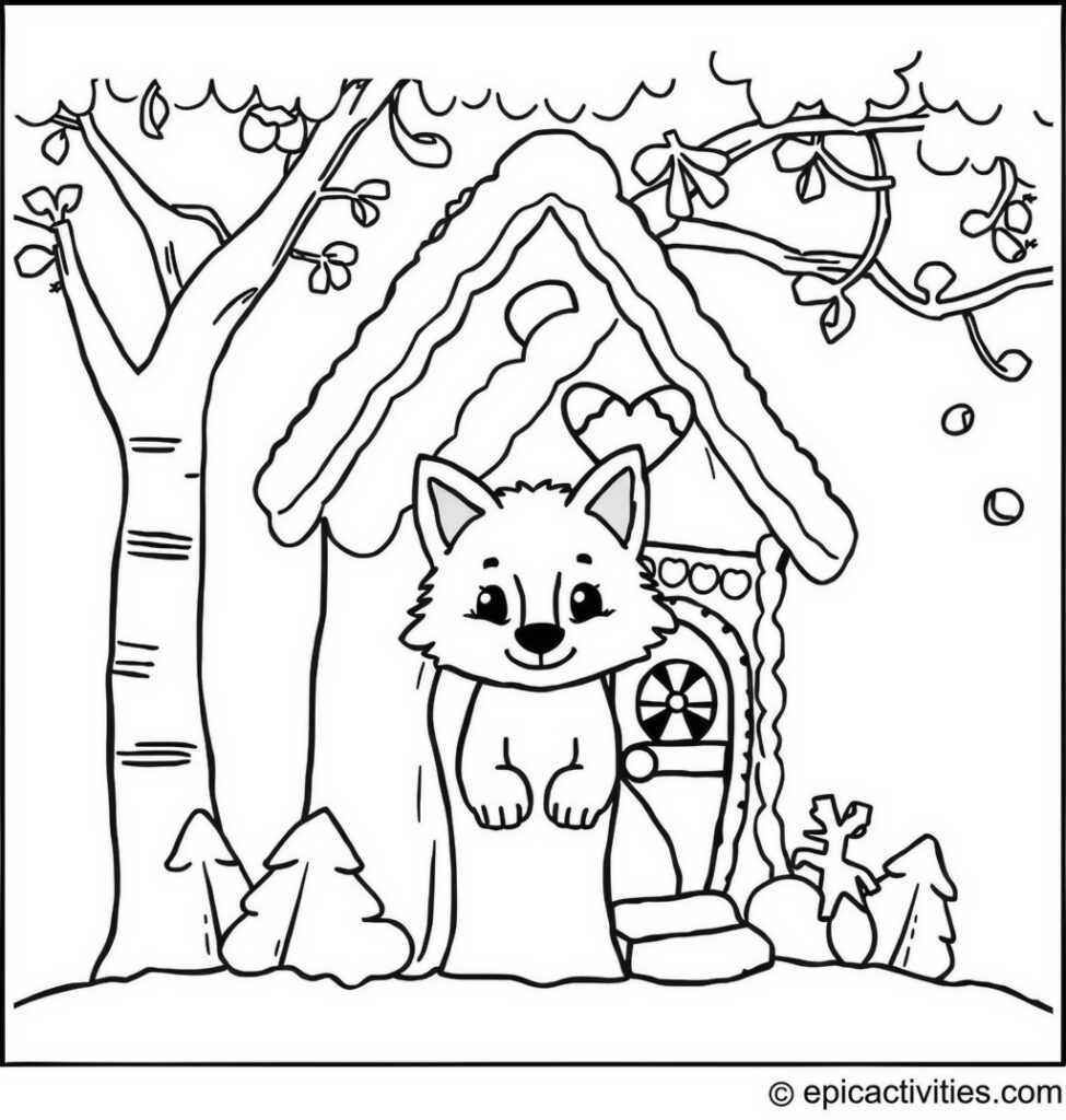 Coloring page of a cute wolf peeking out from a gingerbread treehouse